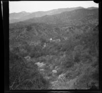 View overlooking Sawpit Canyon and the West mining party's campsite, Monrovia, 1898