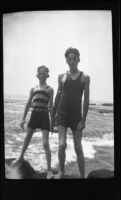 H. H. West, Jr. and Harold Johnston posing at the beach, Malibu, about 1930