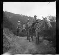 Frances, Elizabeth and Mary West ride donkeys along a mountain trail, Mount Wilson, about 1909