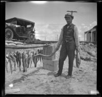 Glen Velzy posing with fish while holding a fish, Newport Beach, 1914