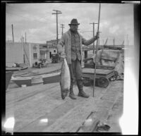 H. H. West posing with a sea bass caught by another fisherman, Newport Beach, 1914