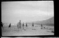 Josie Shaw leading drills on the beach near Rincon Point, Carpinteria vicinity, about 1924