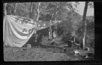 Tent and stove at Rush Creek campsite, Modoc County, 1929