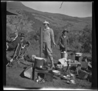 H. H. West Jr., Abraham Whitaker, Agnes Whitaker, Josie Shaw, and Forrest Whitaker at their campsite near Rush Creek, Mono County vicinity, 1929