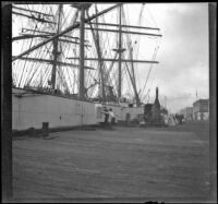 Ship docked at the wharf, San Francisco, 1898
