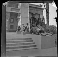 Sphinx sculpture in front of the Golden Gate Park Memorial Museum, San Francisco, 1900