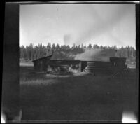 Log cabin with a carriage parked in front, Shasta County vicinity, 1915