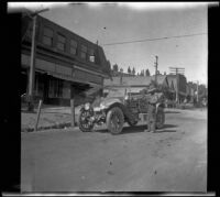 Car sitting parked outside Rickey's Variety Shop, Trinity County, 1917