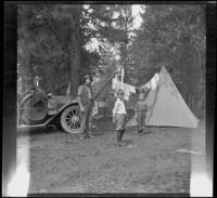 Harry Schmitz, Donald Smith and Russell Smith standing in the campsite, Burney Falls, 1917