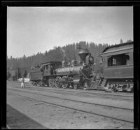 Wood-burning locomotive sitting on the tracks, Shasta County, about 1904