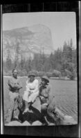 Wilfrid Cline, Jr., Elizabeth West and Frank Beckett posing in front of El Capitan, Yosemite National Park, about 1922