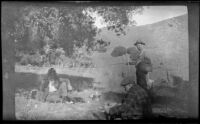 H. H. West, Ed Featherstone and Charles Lick lunch under a tree, Santa Maria vicinity, about 1920