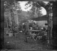 Nella A. West, H. H. West and Dave F. Smith in the camp at Silver Lake, June Lake vicinity, 1913