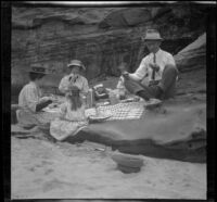 Glen and Bessie Velzy eat a picnic lunch with Mary, Elizabeth, and Frances West, San Diego, 1909