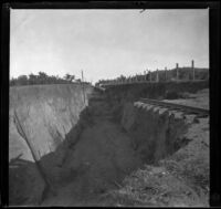 Southern Pacific Railroad's train track washout as viewed atop the ditch, San Dimas vicinity, about 1899