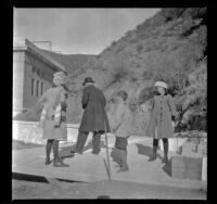 Elizabeth West, John Lemberger, Chester Schmitz and Frances West visiting Power Plant No. 1, San Francisquito Canyon, [about 1917]