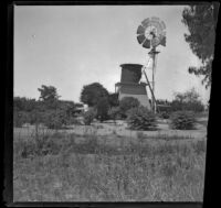 Windmill at Nichols Ranch, viewed from a distance, Santa Ana, about 1899
