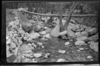 Santa Anita Creek flowing past trees and rocks, Monrovia vicinity, about 1935