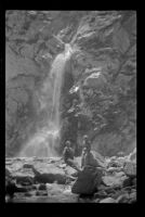 Nina Meyers and Mertie West pose in front of Sturtevant Falls, San Gabriel Mountains, 1941