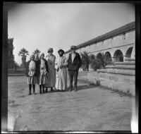 Frances, Elizabeth, Mary, and Wilhelmina West and William "Babe" Bystle pose in front of the Santa Barbara Mission, Santa Barbara 1915