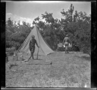 Wilfrid Cline, Jr. and Al Schmitz in their campsite along Taboose Creek, Big Pine vicinity, about 1917