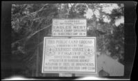 Signage for the Eagles Nest campground posted at the camp, Emerald Bay, about 1922