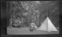 H. H. West and company's camp and tent in Yosemite Valley, Yosemite National Park, about 1923