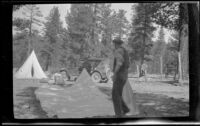 Frank Beckett sets up camp at Yosemite Creek, Yosemite National Park, about 1923