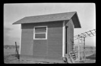 Dr. F. S. Hardin and H. H. West's sleeping quarters at Sunset Gun Club, viewed from the side, Seal Beach vicinity, about 1915