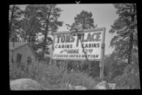 Tom's Place sign with trees in the background, Toms Place, 1940