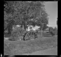 Waterwheel sitting in the front yard of a farmhouse, Rigby, 1942