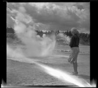 Mertie West watches a geyser erupt in the Norris Geyser Basin, Yellowstone National Park, 1942