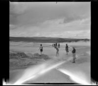 Mertie West and other visitors explore the Norris Geyser Basin, Yellowstone National Park, 1942