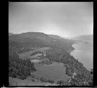 Bird's-eye view looking upstream along the Columbia River and the Columbia River Gorge, Cape Horn, 1942