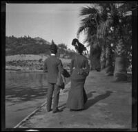 Wilfrid and Harriet Cline stand by the reservoir in Elysian Park, Los Angeles, about 1904
