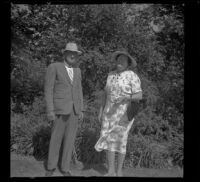 Al Fallon and Rhetta Strayhorn Scott pose while attending the Pioneer Picnic at Sycamore Grove Park, Los Angeles, 1940