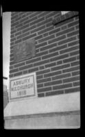 Church tablet and bronze tablet of Troop 76, Boy Scouts of America on corner of Asbury Methodist Church, Los Angeles, about 1930