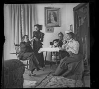 H. H. West, Daisy Kellum, Lucretia Kellum and Minnie Kellum take tea, Los Angeles, about 1899