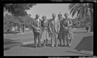 H. H. West, Mertie West, Wayne West, Maud Foreman West and Agnes Whitaker pose outside Wayne West's residence, Santa Ana, 1943