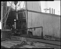 Base of an oil derrick owned by the  H. L. J. Oil Co. the Venice or Playa Del Rey oil field, 1931