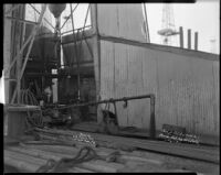 Base of an oil derrick owned by the H. L. J. Oil Co. at the Venice or Playa Del Rey oil field, 1931