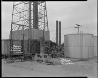Base of oil derrick "Tuttle No. 1" owned by Mohawk Petroleum Co. probably at the Venice oil field, Los Angeles, 1930