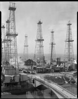 Oil derricks at the Venice oil field, Los Angeles, circa 1930