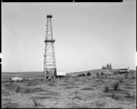Powell Stockton Company oil well, probably in the vicinity of the Kettleman Hills, Kings County, circa 1932