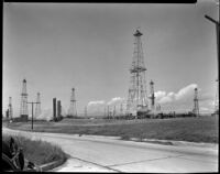 View of Stockburger oil wells at the Playa del Rey oil field, Los Angeles, circa 1930-1939