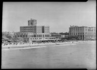 View towards two beach clubs: the Breakers and the Edgewater, Santa Monica, circa 1927-1934