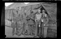 Herman Schultz, David Sparks, Harold Brown, H. H. West, Jr. and Charles Glenn pose in front of the barracks (negative), Camp Murray, 1941 or 1942