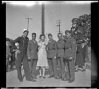 Group of Marines posing outside Asbury M. E. Church, Los Angeles, 1943