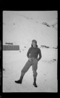 PFC H. H. West, Jr. stands in the snow near camp, Attu Island, 1944