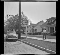 New school crossing sign posted on Griffin Avenue, Los Angeles, 1944